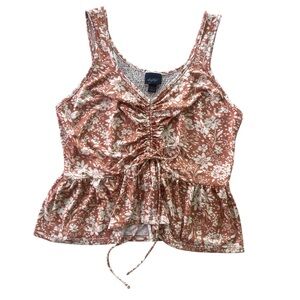 Daytrip Womens Sz L Rust Cream Hawaiian Floral Cinch Tie Peplum Tank Top 409TTWB